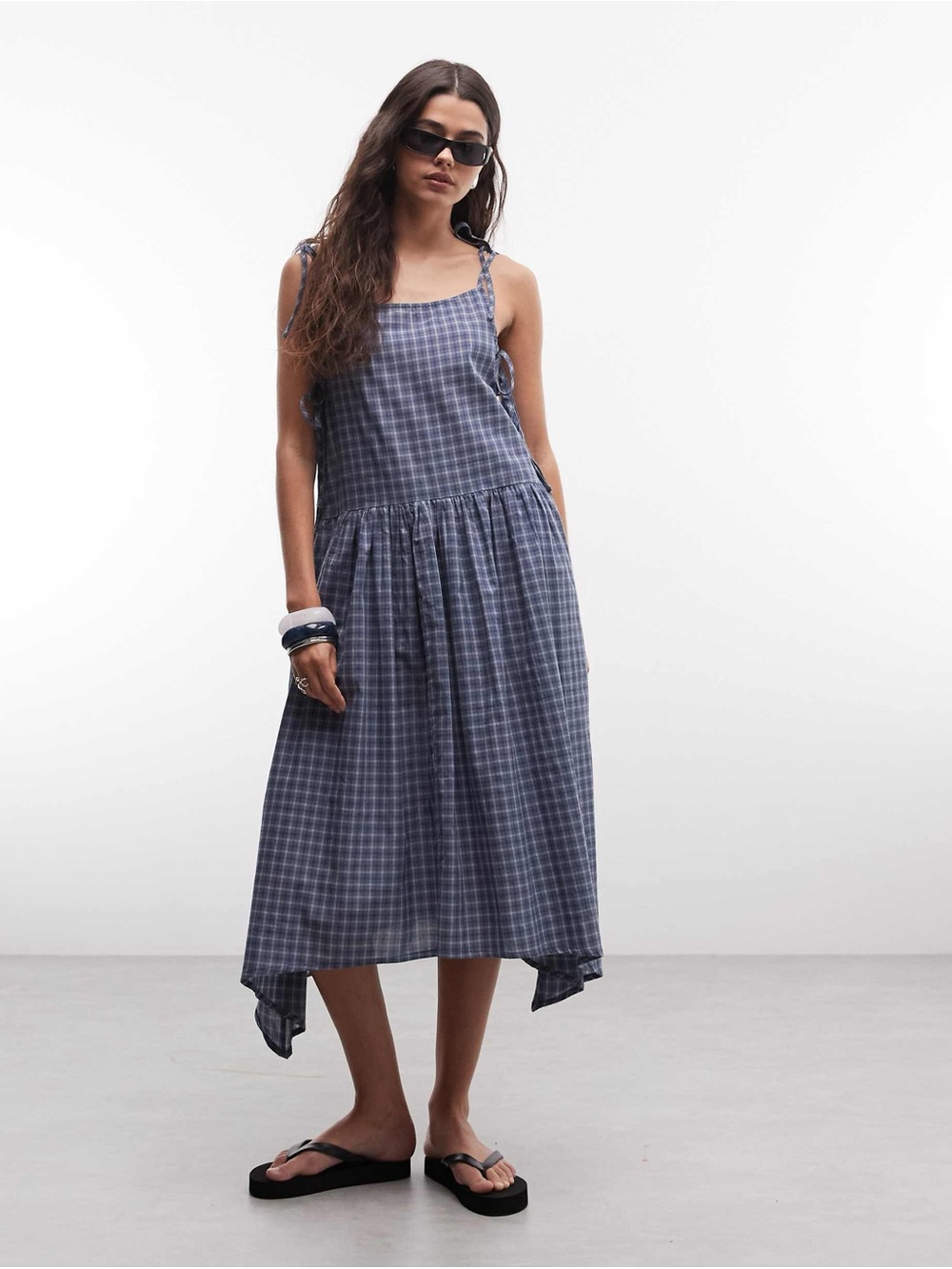 COLLUSION Tie Side Asymmetric Maxi Dress in Blue Plaid